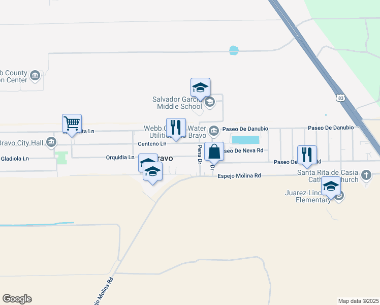 map of restaurants, bars, coffee shops, grocery stores, and more near 1406 Orquidia Lane in Laredo