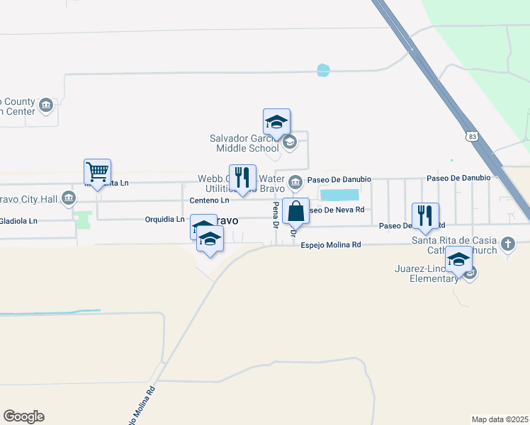 map of restaurants, bars, coffee shops, grocery stores, and more near 1406 Orquidia Lane in Laredo