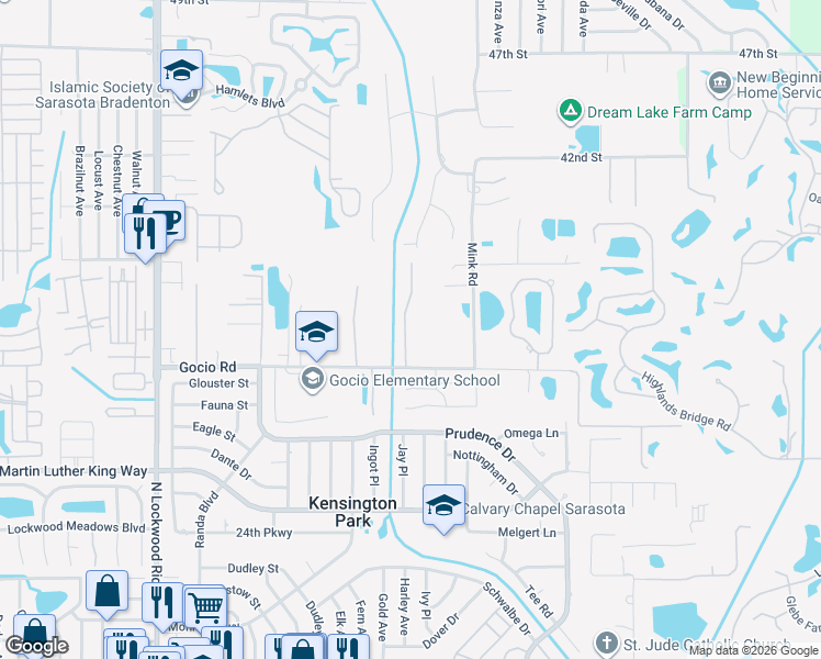 map of restaurants, bars, coffee shops, grocery stores, and more near 3382 Branch Creek Drive in Sarasota