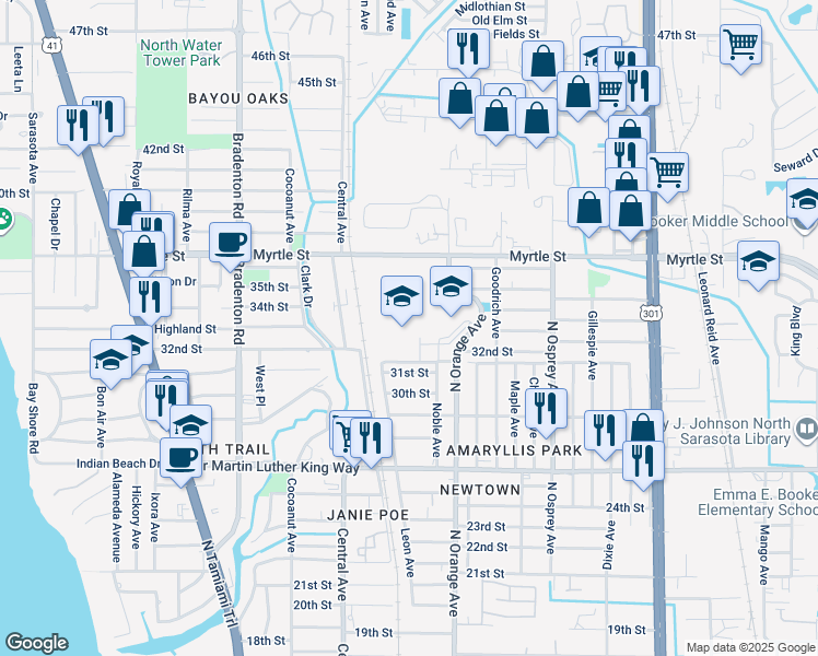 map of restaurants, bars, coffee shops, grocery stores, and more near 3201 North Orange Avenue in Sarasota