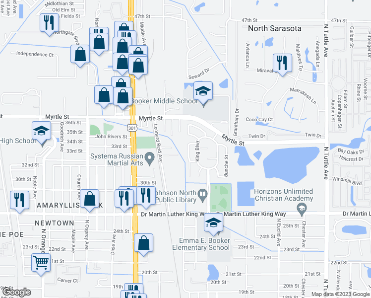 map of restaurants, bars, coffee shops, grocery stores, and more near 3215 Joe Louis Drive in Sarasota