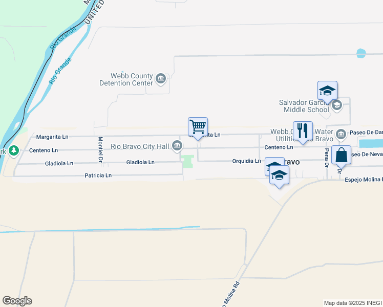 map of restaurants, bars, coffee shops, grocery stores, and more near 1605 Centeno Lane in Laredo