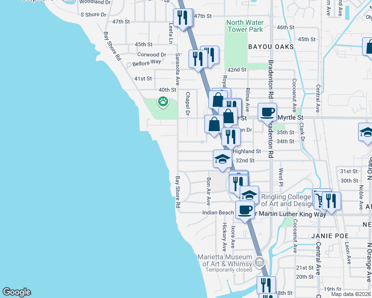 map of restaurants, bars, coffee shops, grocery stores, and more near 842 Highland Street in Sarasota