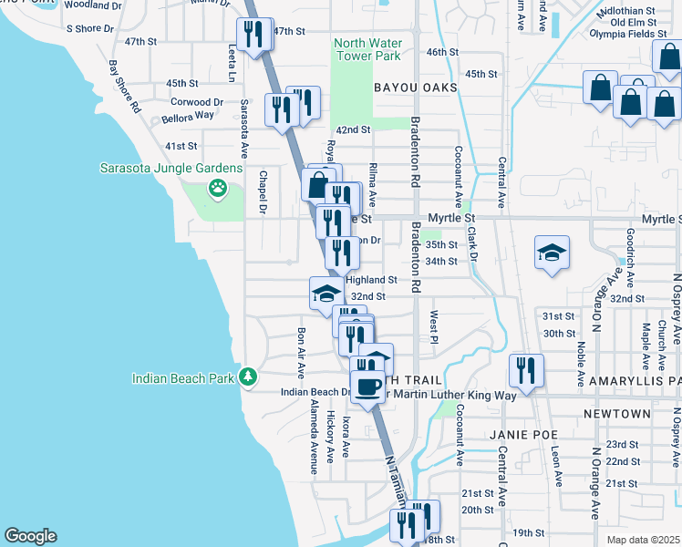 map of restaurants, bars, coffee shops, grocery stores, and more near 3201 North Tamiami Trail in Sarasota