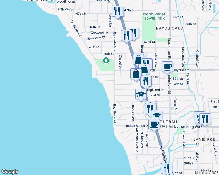 map of restaurants, bars, coffee shops, grocery stores, and more near 3315 Bay Shore Road in Sarasota