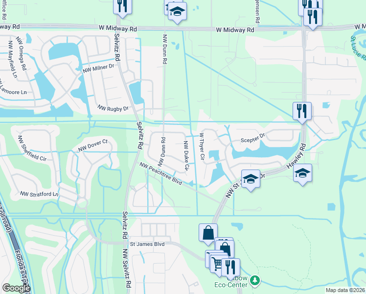 map of restaurants, bars, coffee shops, grocery stores, and more near 6172 Northwest Duke Circle in Port St. Lucie