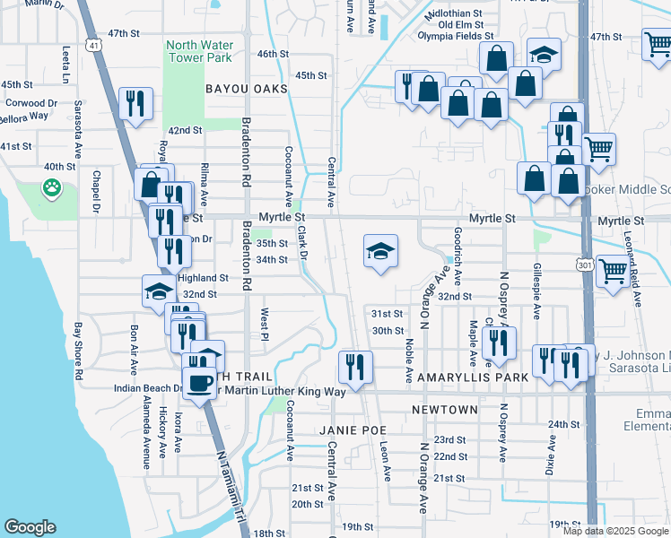 map of restaurants, bars, coffee shops, grocery stores, and more near 3360 Central Avenue in Sarasota