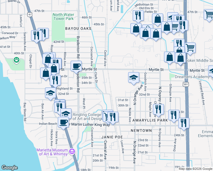map of restaurants, bars, coffee shops, grocery stores, and more near 3360 Central Avenue in Sarasota