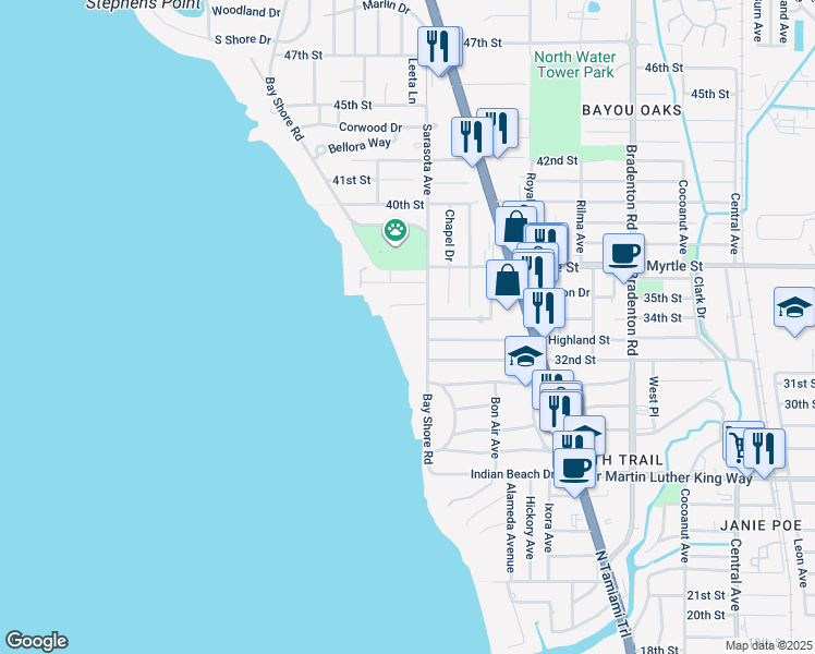 map of restaurants, bars, coffee shops, grocery stores, and more near 3315 Bay Shore Road in Sarasota
