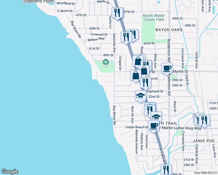 map of restaurants, bars, coffee shops, grocery stores, and more near 3221 Bay Shore Road in Sarasota