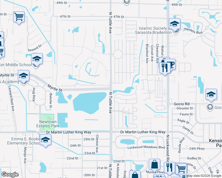 map of restaurants, bars, coffee shops, grocery stores, and more near N Tuttle Ave & Myrtle St in North Sarasota