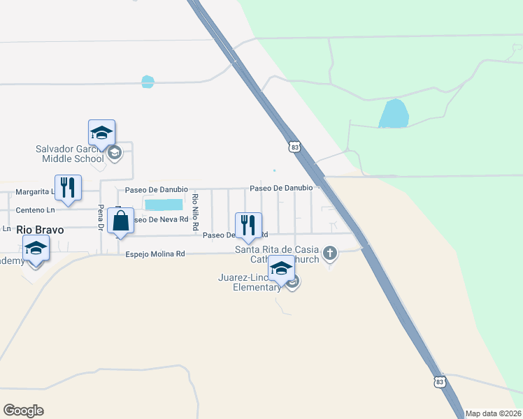 map of restaurants, bars, coffee shops, grocery stores, and more near 504 Rio Sena Road in Laredo