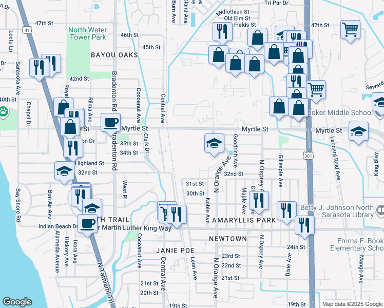 map of restaurants, bars, coffee shops, grocery stores, and more near 1400-1598 Myrtle St in Sarasota