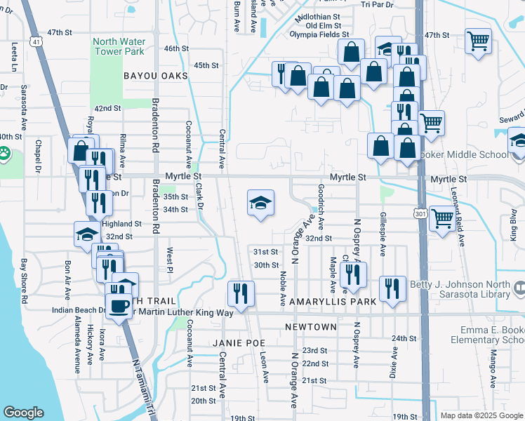 map of restaurants, bars, coffee shops, grocery stores, and more near 3201 North Orange Avenue in Sarasota