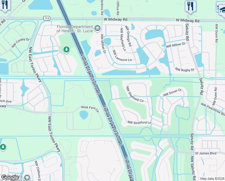 map of restaurants, bars, coffee shops, grocery stores, and more near 418 Northwest Stratford Lane in Port St. Lucie