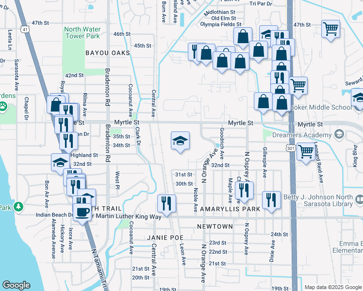 map of restaurants, bars, coffee shops, grocery stores, and more near 1400 Myrtle Street in Sarasota