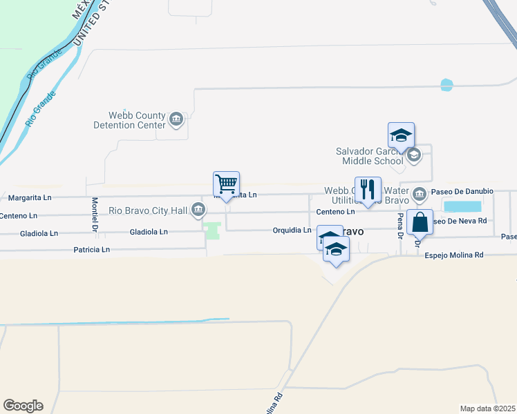 map of restaurants, bars, coffee shops, grocery stores, and more near 1527 Margarita Lane in Laredo