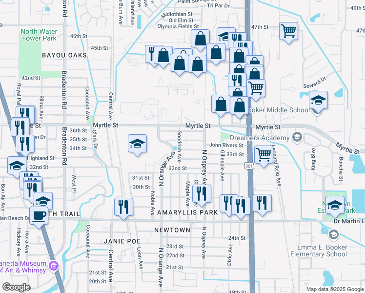 map of restaurants, bars, coffee shops, grocery stores, and more near 3410 Goodrich Avenue in Sarasota
