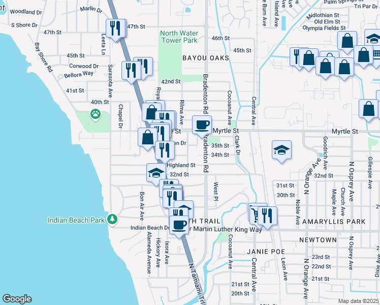 map of restaurants, bars, coffee shops, grocery stores, and more near 3340 Winton Avenue in Sarasota