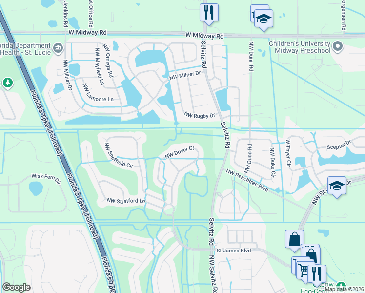 map of restaurants, bars, coffee shops, grocery stores, and more near 452 Northwest Dover Court in Port St. Lucie