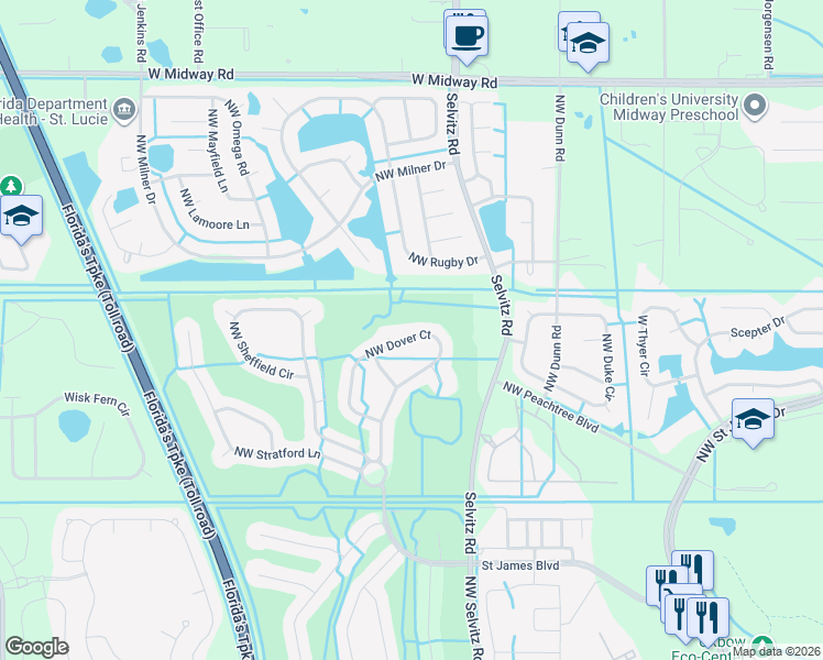 map of restaurants, bars, coffee shops, grocery stores, and more near 452 Northwest Dover Court in Port St. Lucie