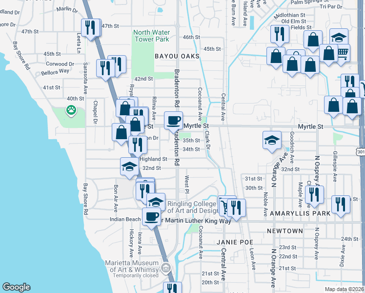 map of restaurants, bars, coffee shops, grocery stores, and more near 1228 35th Street in Sarasota
