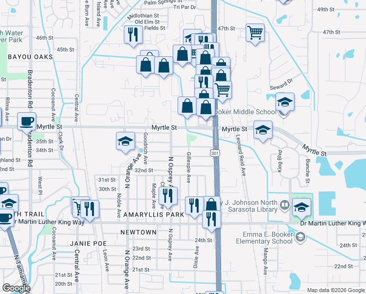 map of restaurants, bars, coffee shops, grocery stores, and more near 1842 34th Street in Sarasota