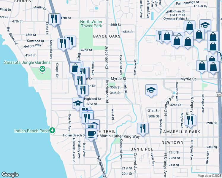 map of restaurants, bars, coffee shops, grocery stores, and more near 1228 35th St in Sarasota