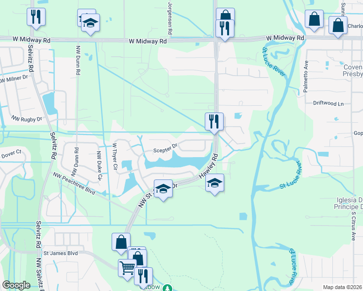 map of restaurants, bars, coffee shops, grocery stores, and more near 5901 Northwest Theda Lane in Port St. Lucie