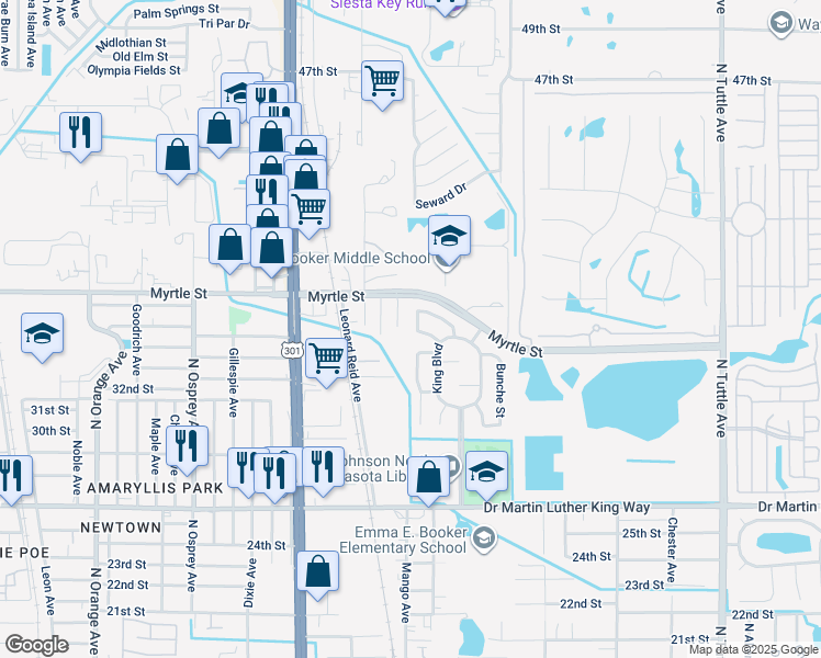 map of restaurants, bars, coffee shops, grocery stores, and more near 2121 Banneker Way in Sarasota
