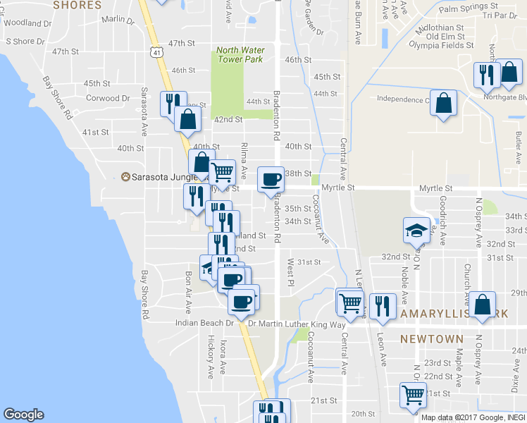 map of restaurants, bars, coffee shops, grocery stores, and more near 3400 Winton Avenue in Sarasota