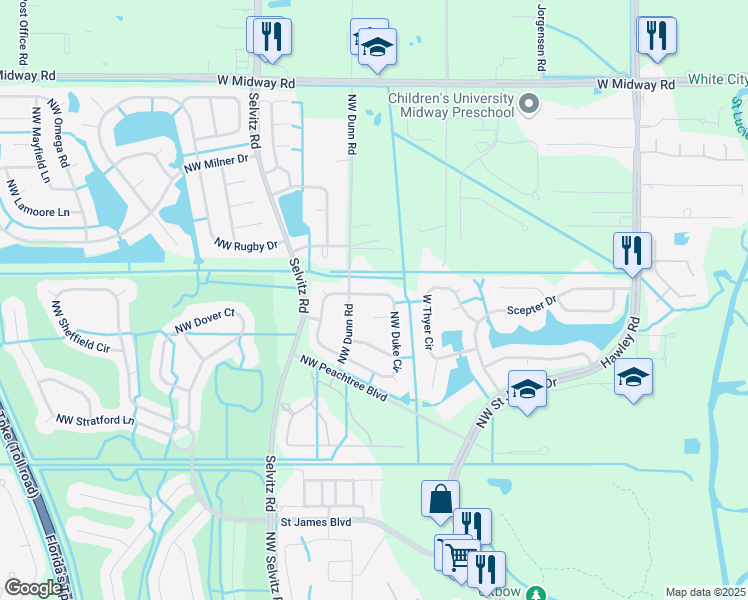 map of restaurants, bars, coffee shops, grocery stores, and more near 6228 Northwest Duke Circle in Port St. Lucie