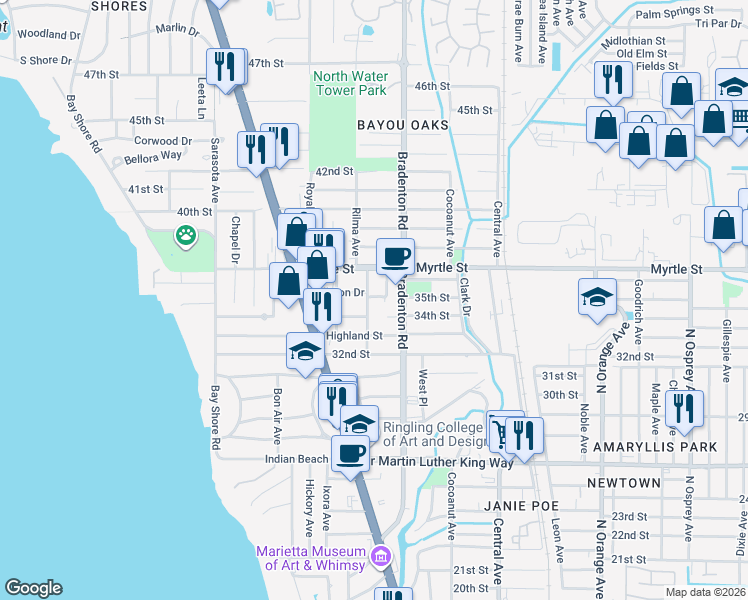 map of restaurants, bars, coffee shops, grocery stores, and more near 3400 Winton Avenue in Sarasota