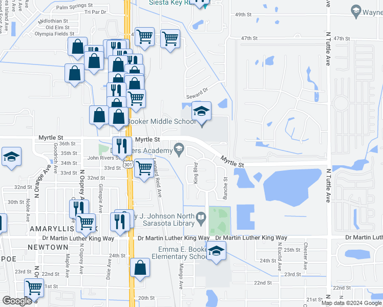map of restaurants, bars, coffee shops, grocery stores, and more near 2108 Banneker Way in Sarasota