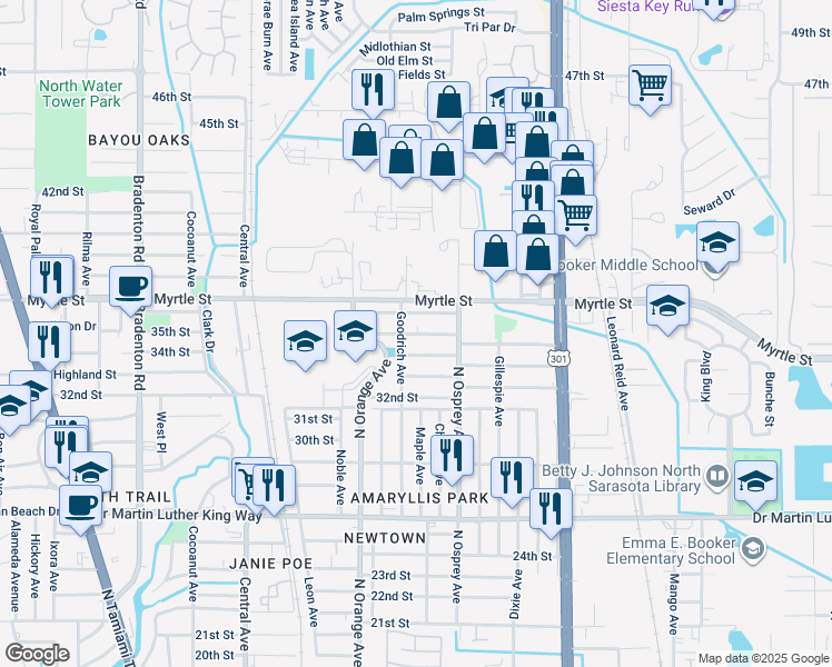 map of restaurants, bars, coffee shops, grocery stores, and more near 1723 35th Street in Sarasota