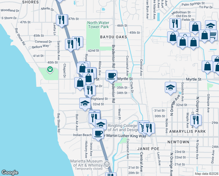 map of restaurants, bars, coffee shops, grocery stores, and more near 3400 Winton Avenue in Sarasota
