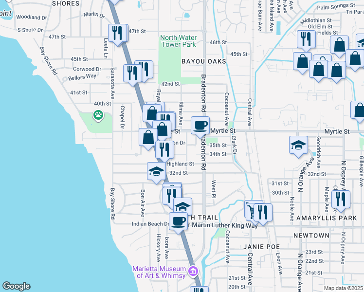 map of restaurants, bars, coffee shops, grocery stores, and more near 1074 Colleton Drive in Sarasota