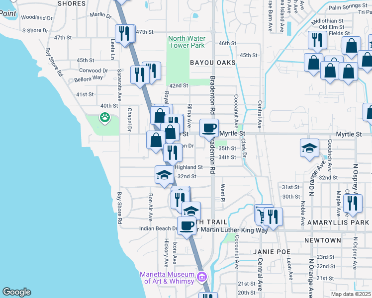 map of restaurants, bars, coffee shops, grocery stores, and more near 1074 Colleton Drive in Sarasota
