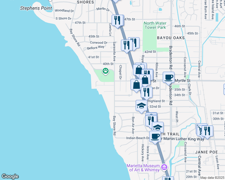 map of restaurants, bars, coffee shops, grocery stores, and more near 771 Indian Beach Circle in Sarasota