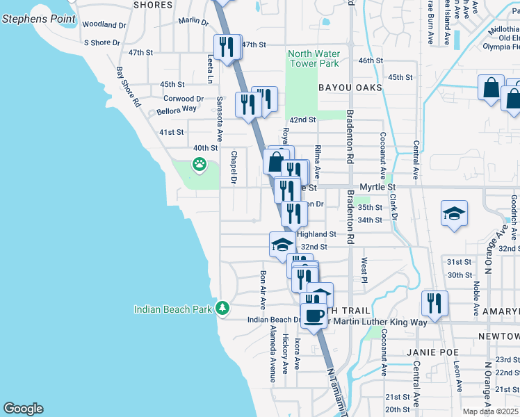 map of restaurants, bars, coffee shops, grocery stores, and more near 3429 Norwood Court in Sarasota