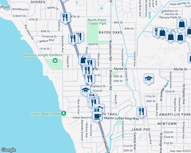map of restaurants, bars, coffee shops, grocery stores, and more near 1074 Colleton Drive in Sarasota
