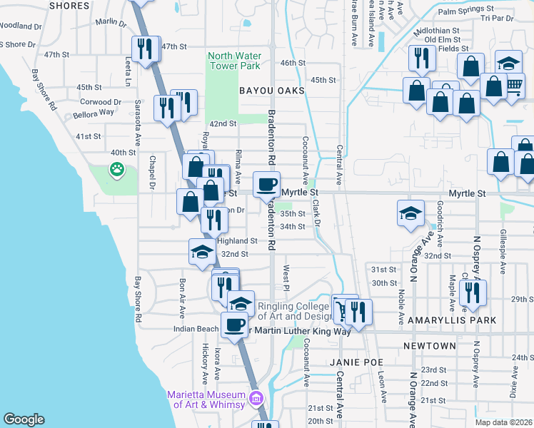 map of restaurants, bars, coffee shops, grocery stores, and more near 3400 Winton Avenue in Sarasota