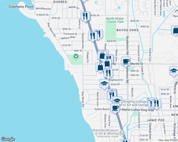 map of restaurants, bars, coffee shops, grocery stores, and more near 3440 Chapel Drive in Sarasota