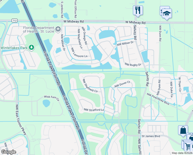 map of restaurants, bars, coffee shops, grocery stores, and more near 381 Northwest Sheffield Circle in Port St. Lucie