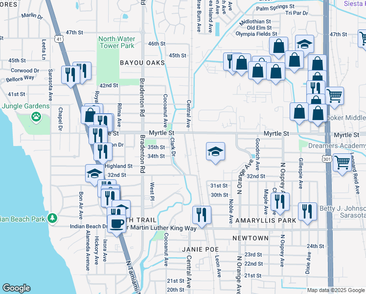 map of restaurants, bars, coffee shops, grocery stores, and more near 3505 Central Avenue in Sarasota