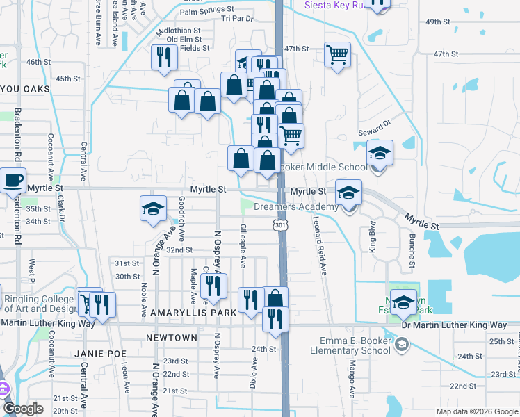 map of restaurants, bars, coffee shops, grocery stores, and more near 1845 34th Street in Sarasota