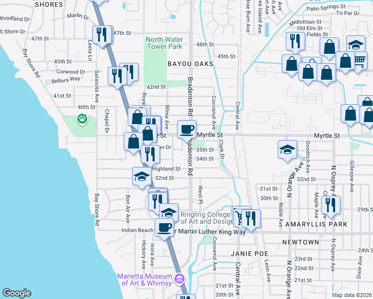 map of restaurants, bars, coffee shops, grocery stores, and more near 3400 Winton Avenue in Sarasota