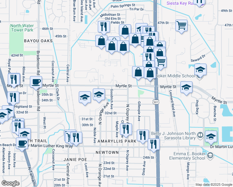 map of restaurants, bars, coffee shops, grocery stores, and more near 1723 35th Street in Sarasota