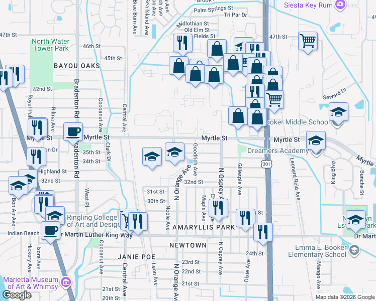 map of restaurants, bars, coffee shops, grocery stores, and more near 1661 35th Street in Sarasota