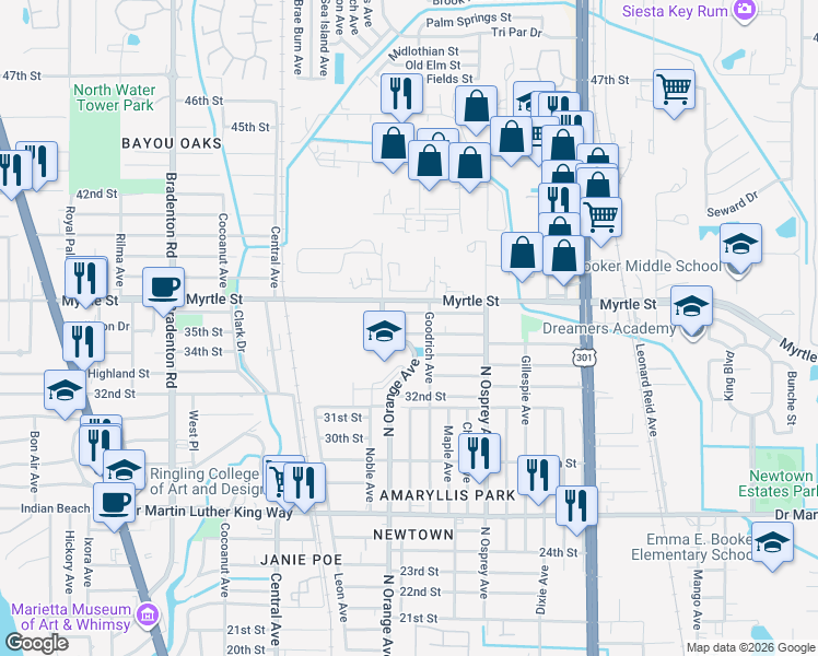map of restaurants, bars, coffee shops, grocery stores, and more near 1661 35th Street in Sarasota